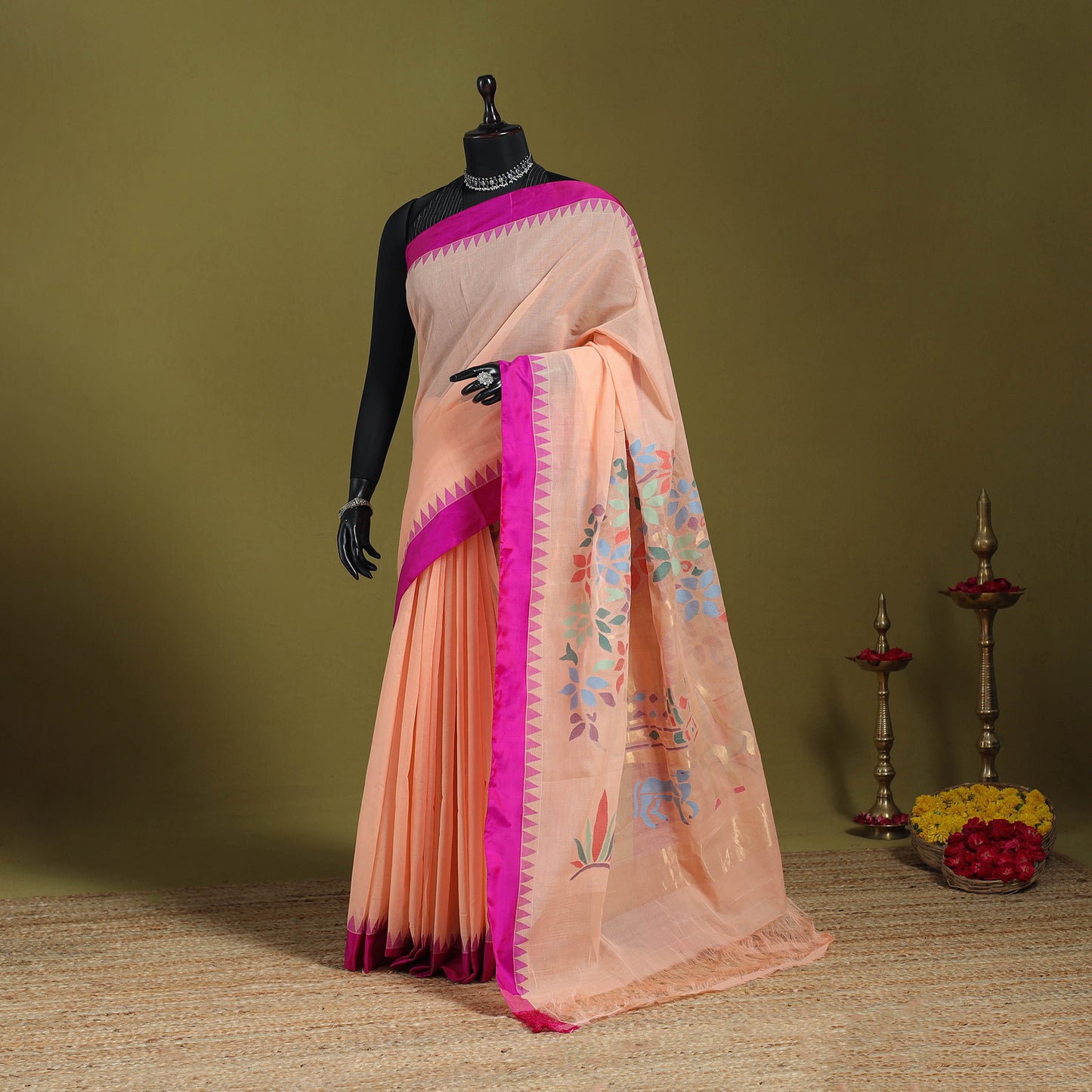 Peach - handspun handloom buta fine cotton jamdani saree 45