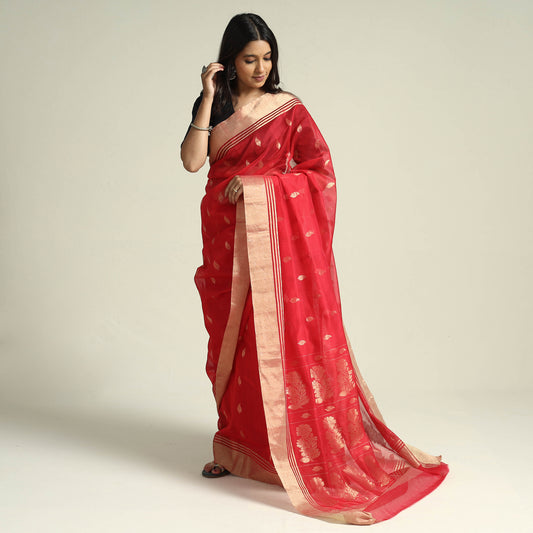 Red - Traditional Chanderi Silk Handloom Zari Work Saree by Rauph Khan
