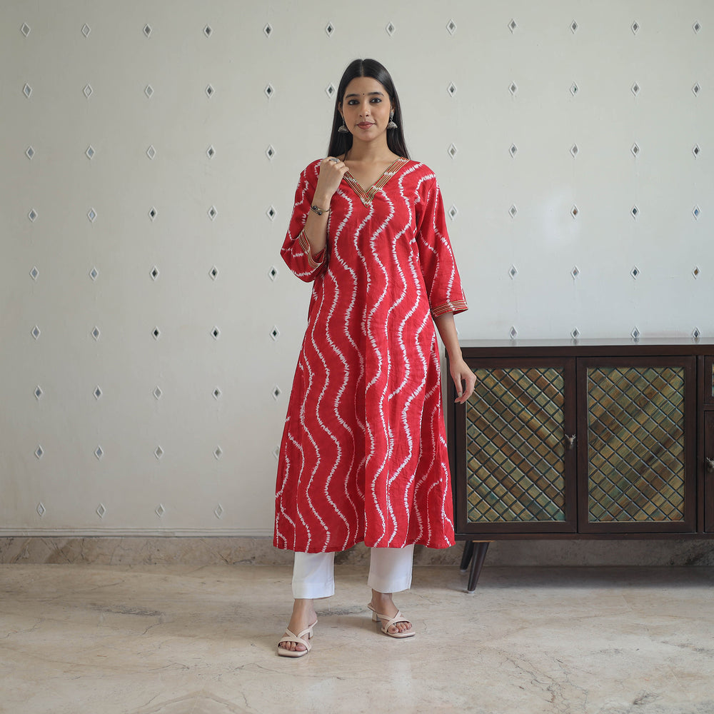 Red - A-Line Tie & Dye Cotton Shibori Kurta 02