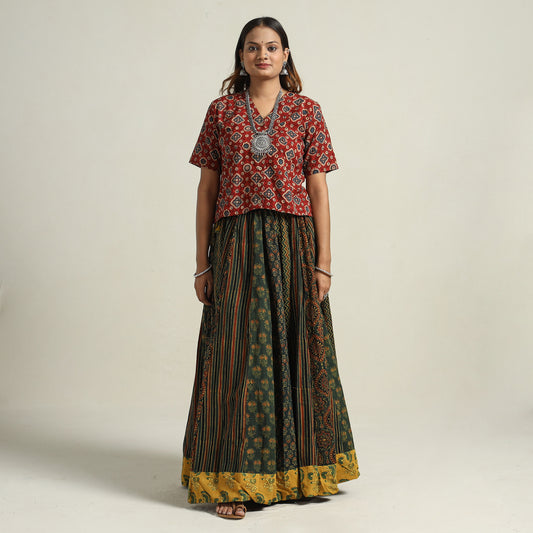 Green - Ajrakh Block Printed 24 Kali Patchwork Cotton Long Skirt 71