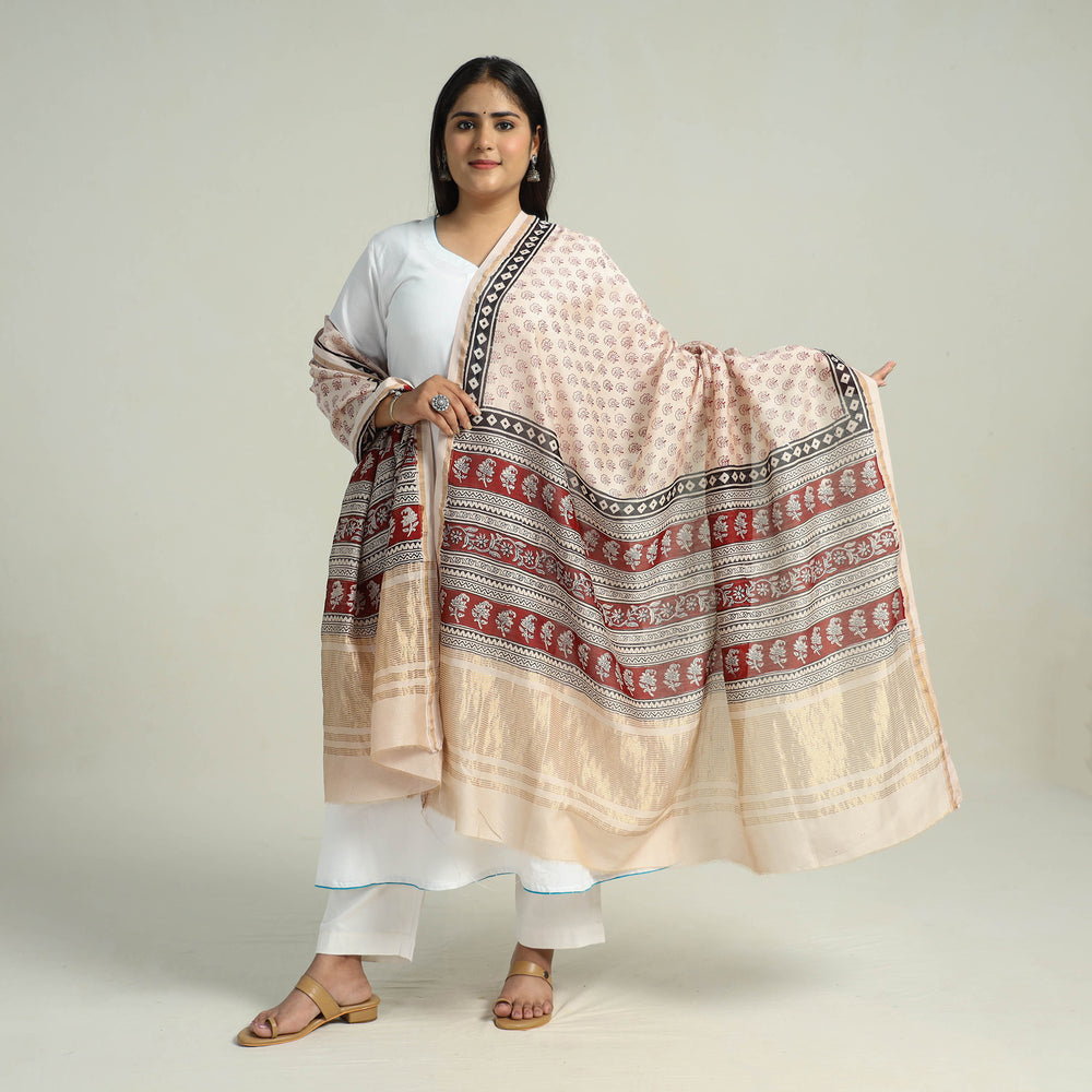 Beige - Traditional Maheshwari Silk Bagh Print Dupatta 18