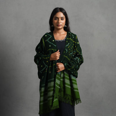 Green - Kutch Mirror Work Handwoven Bandhani Bagida Woolen Shawl 51