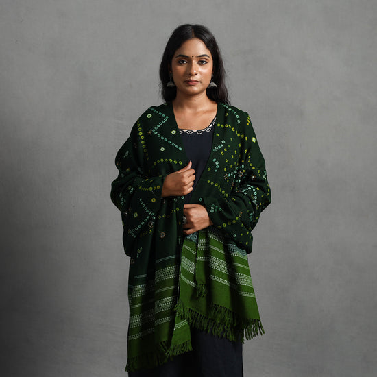 Green - Kutch Mirror Work Handwoven Bandhani Bagida Woolen Shawl 51