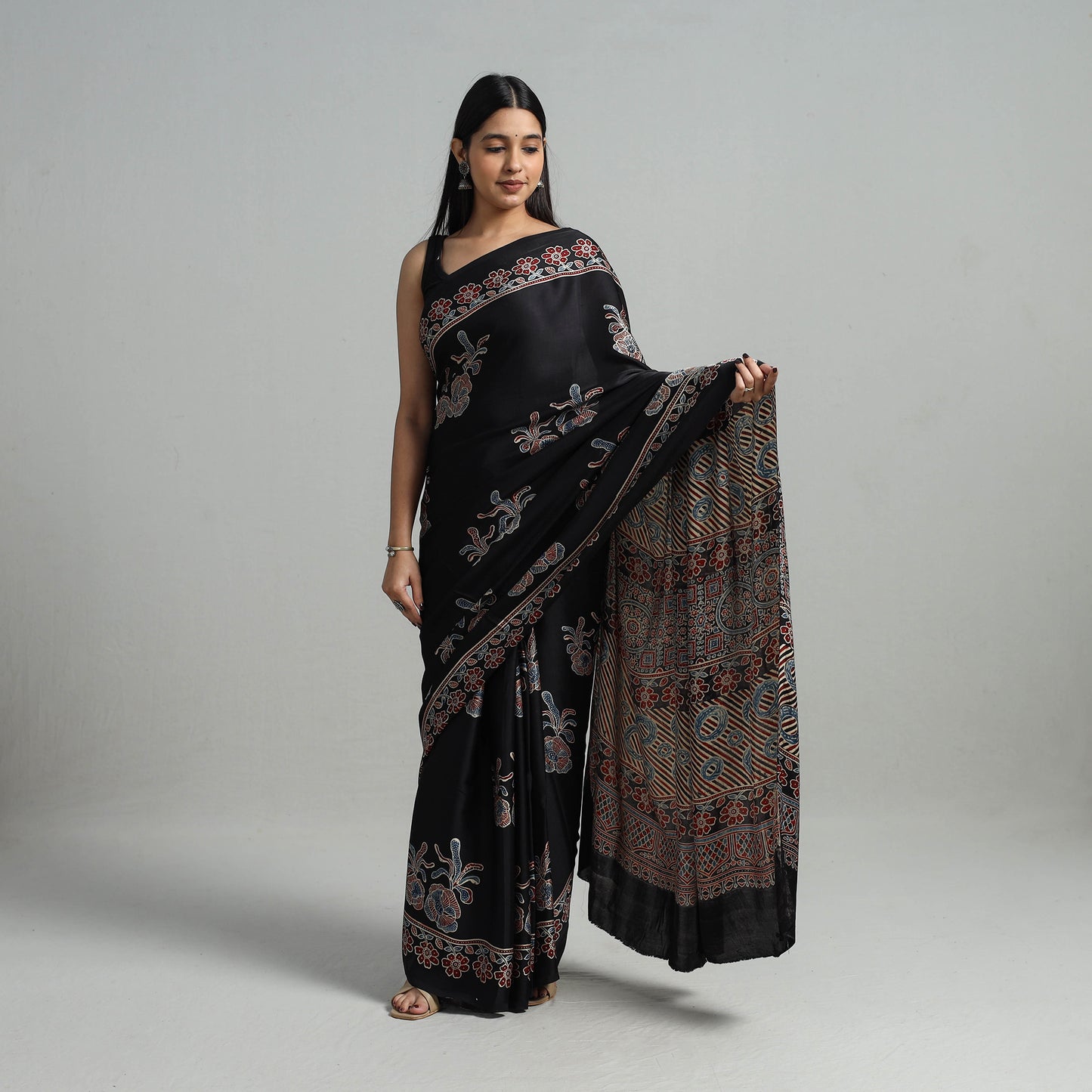 Natural Dyed Hand Block Print Modal Silk Ajrakh Saree 26