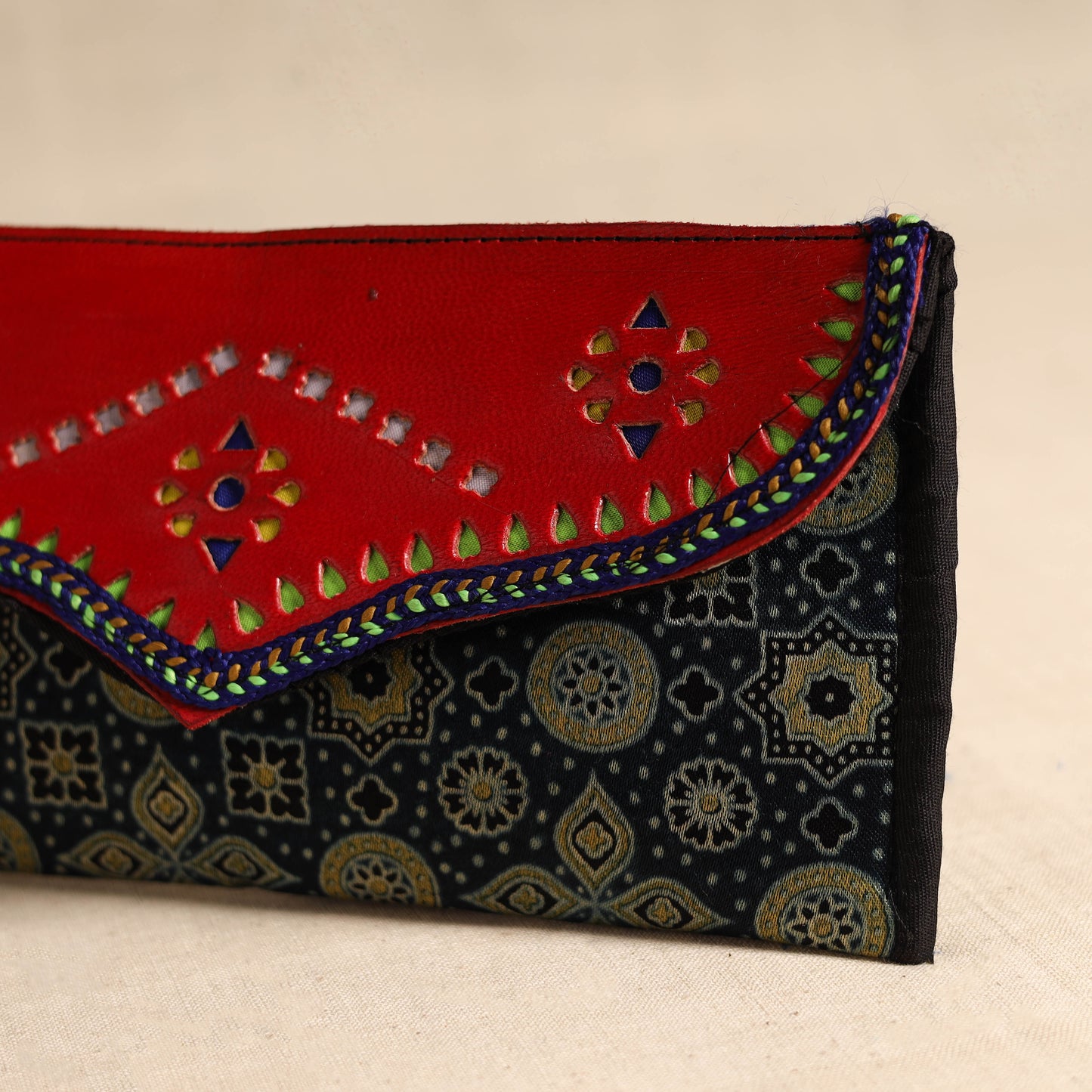 Traditional Kutch Mashru Silk Leather Flap Clutch / Wallet 104