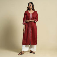 Red - Khun Weave Cotton Straight Kurta