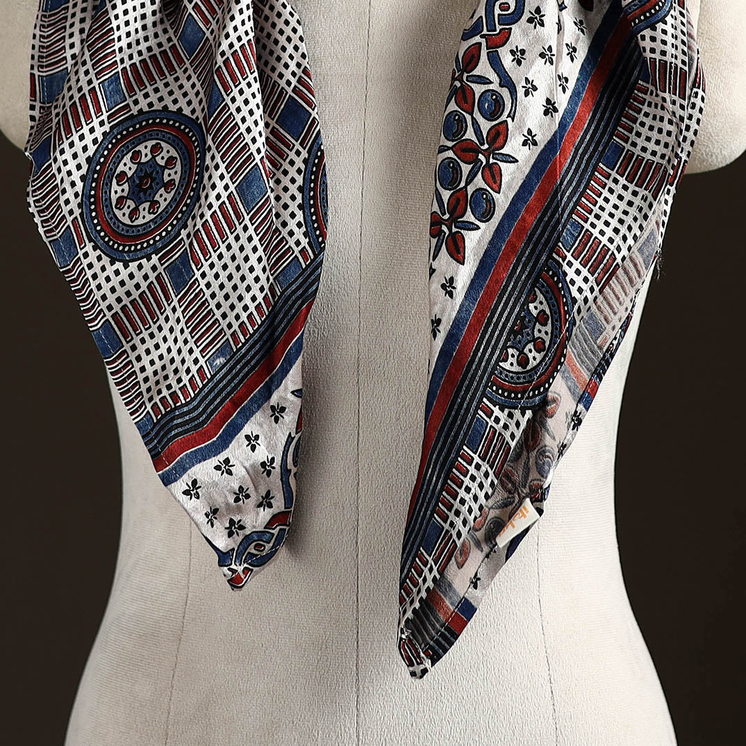 Ajrakh Hand Block Print Natural Dyed Modal Silk Brooch Scarf 17
