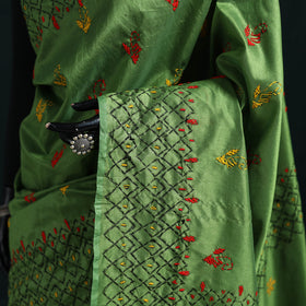 Green - Bengal Hand Embroidery Silk Nakshi Kantha Saree 04