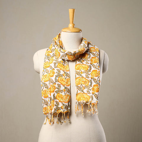 Yellow - cotton sanganeri stole with tassels 180