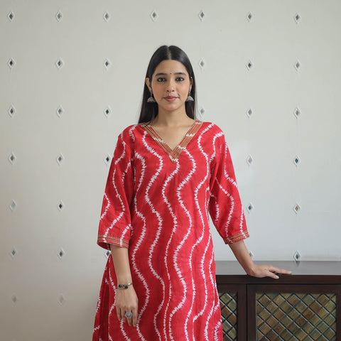 Red - A-Line Tie & Dye Cotton Shibori Kurta 02