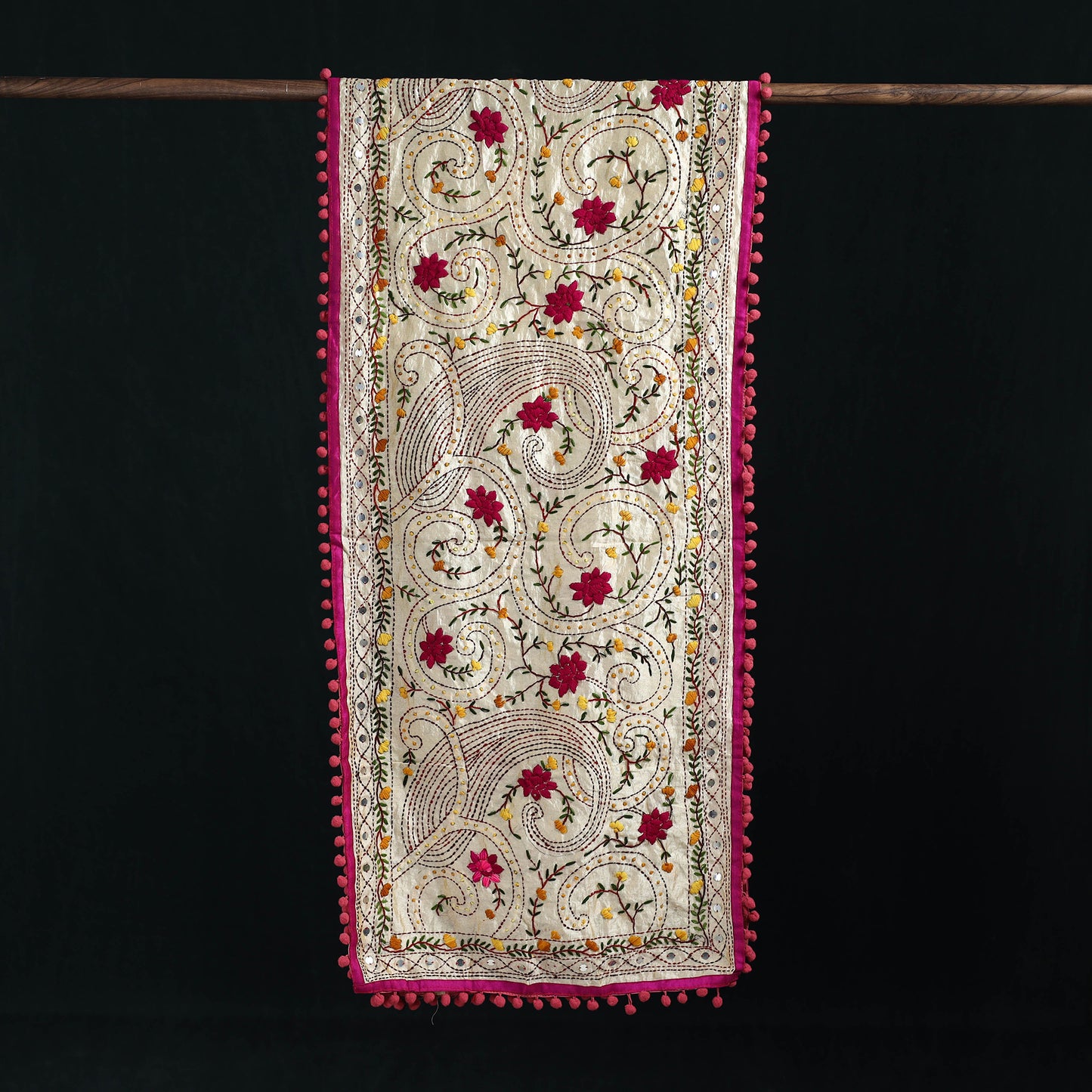 Ranihati Chanderi Silk Hand Embroidered Stole with Pom Pom 219