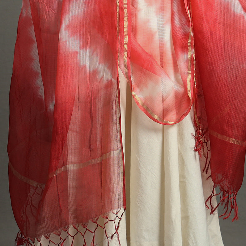 Red - Shibori Tie-Dye Kota Doria Silk Dupatta With Zari Border 01