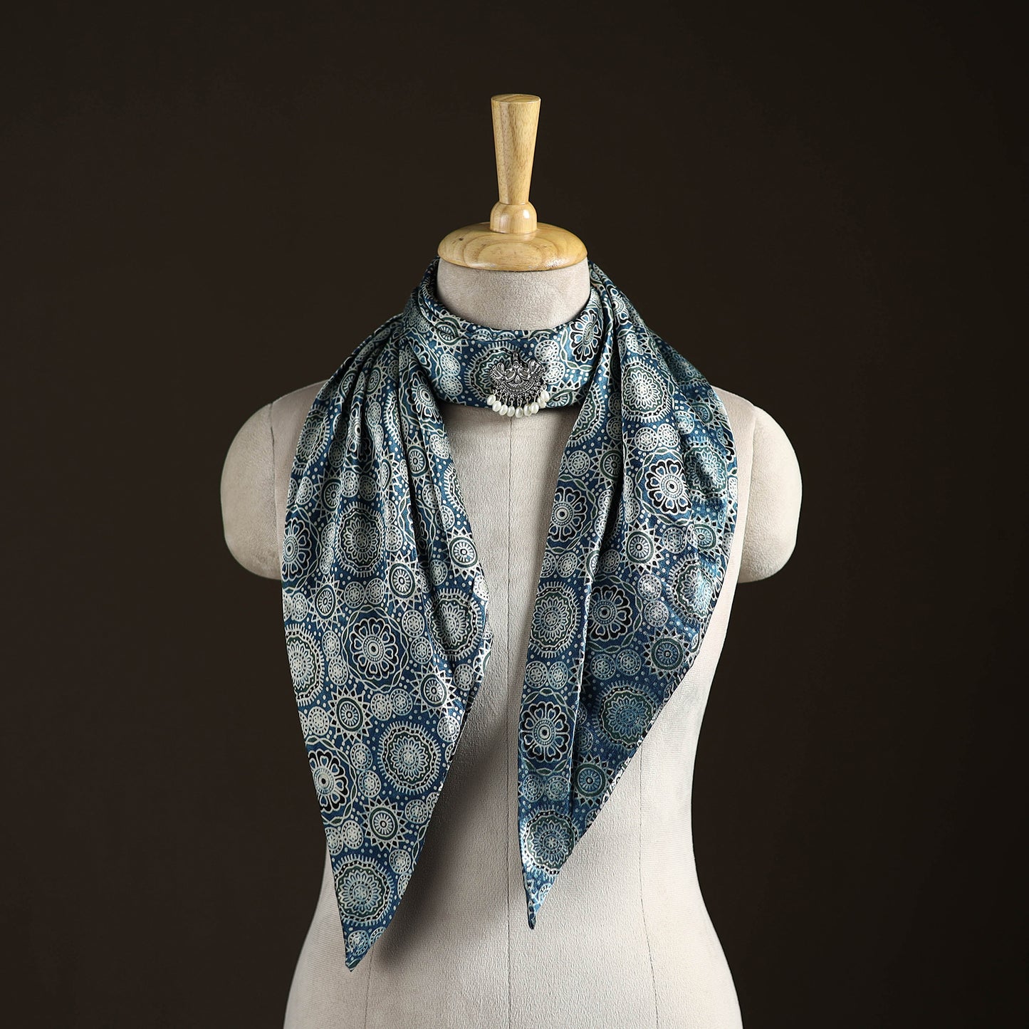 Ajrakh Hand Block Print Natural Dyed Modal Silk Brooch Scarf 18