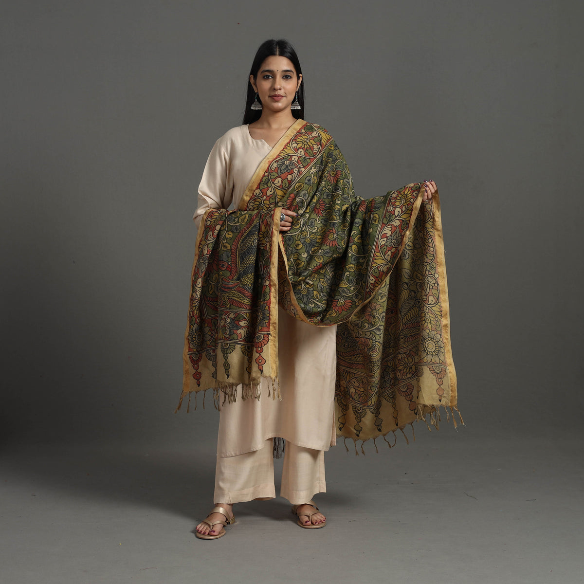 Green - Bangalore Silk Srikalahasti Pen Kalamkari Dupatta 01