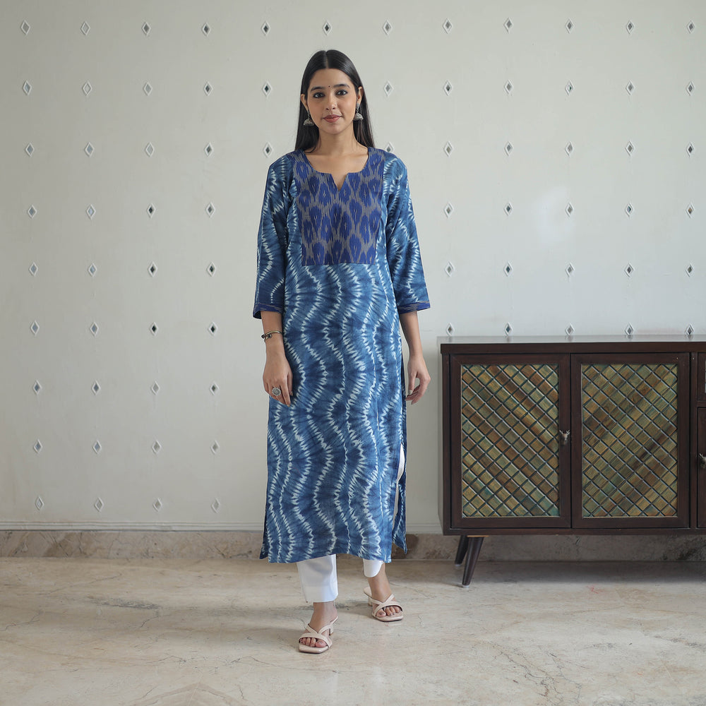 Blue - Patchwork Tie & Dye Cotton Straight Shibori Kurta 08