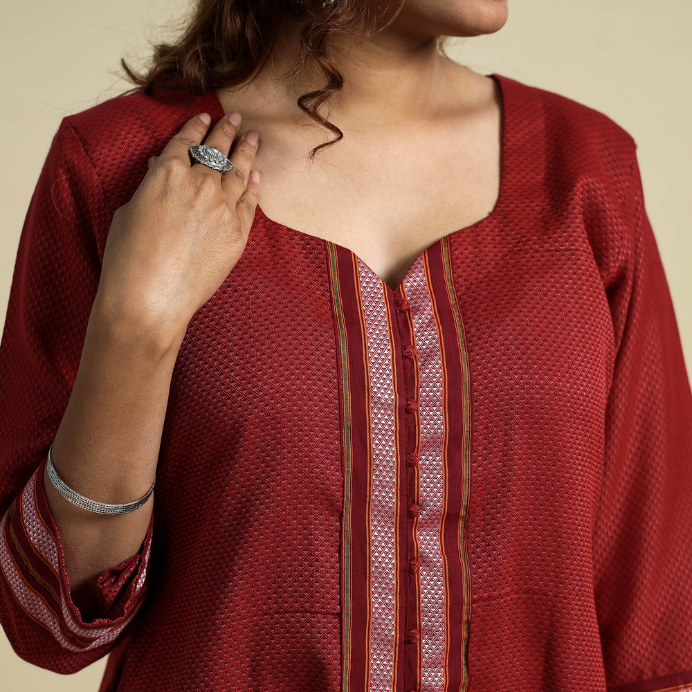 Red - Khun Weave Cotton Straight Kurta