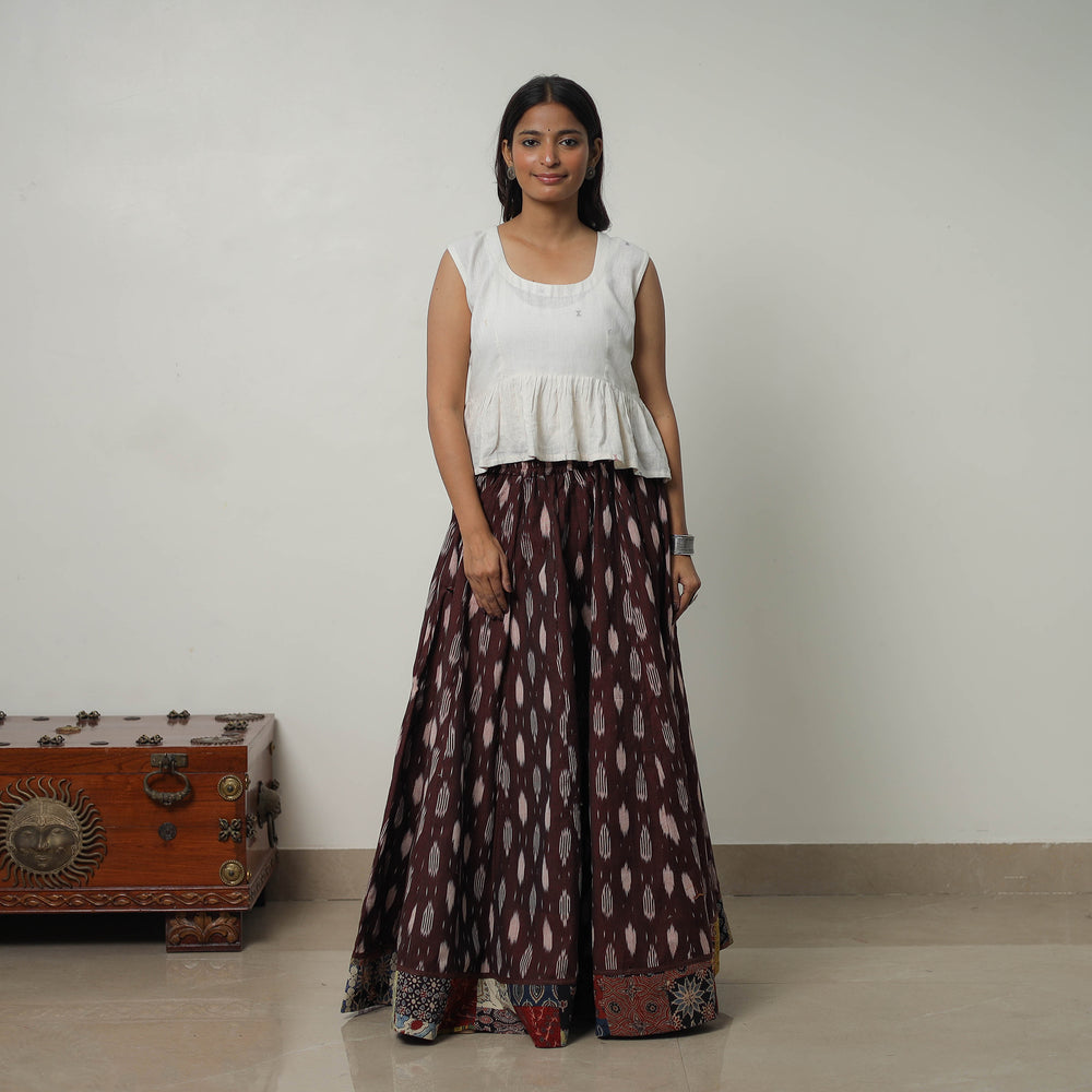 Brown - 24 Kali Cotton Pochampally Ikat Skirt with Border 20