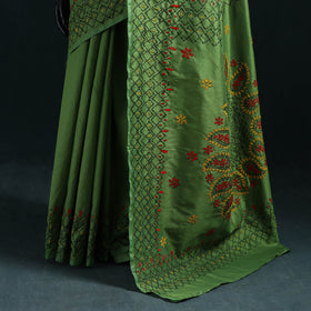 Green - Bengal Hand Embroidery Silk Nakshi Kantha Saree 04