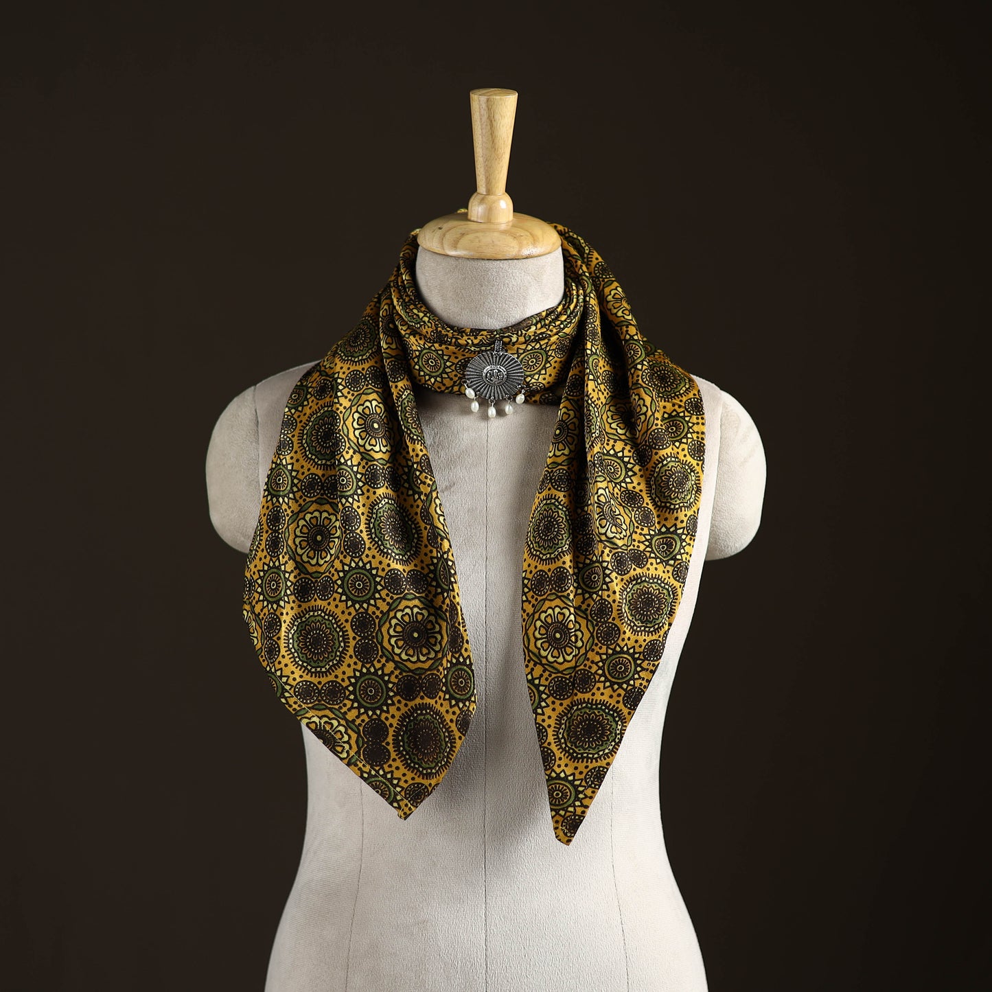 Ajrakh Hand Block Print Natural Dyed Modal Silk Brooch Scarf 19