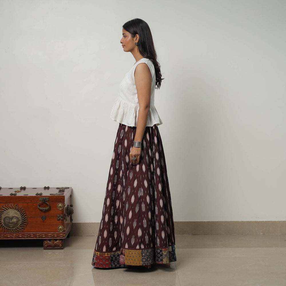 Brown - 24 Kali Cotton Pochampally Ikat Skirt with Border 20