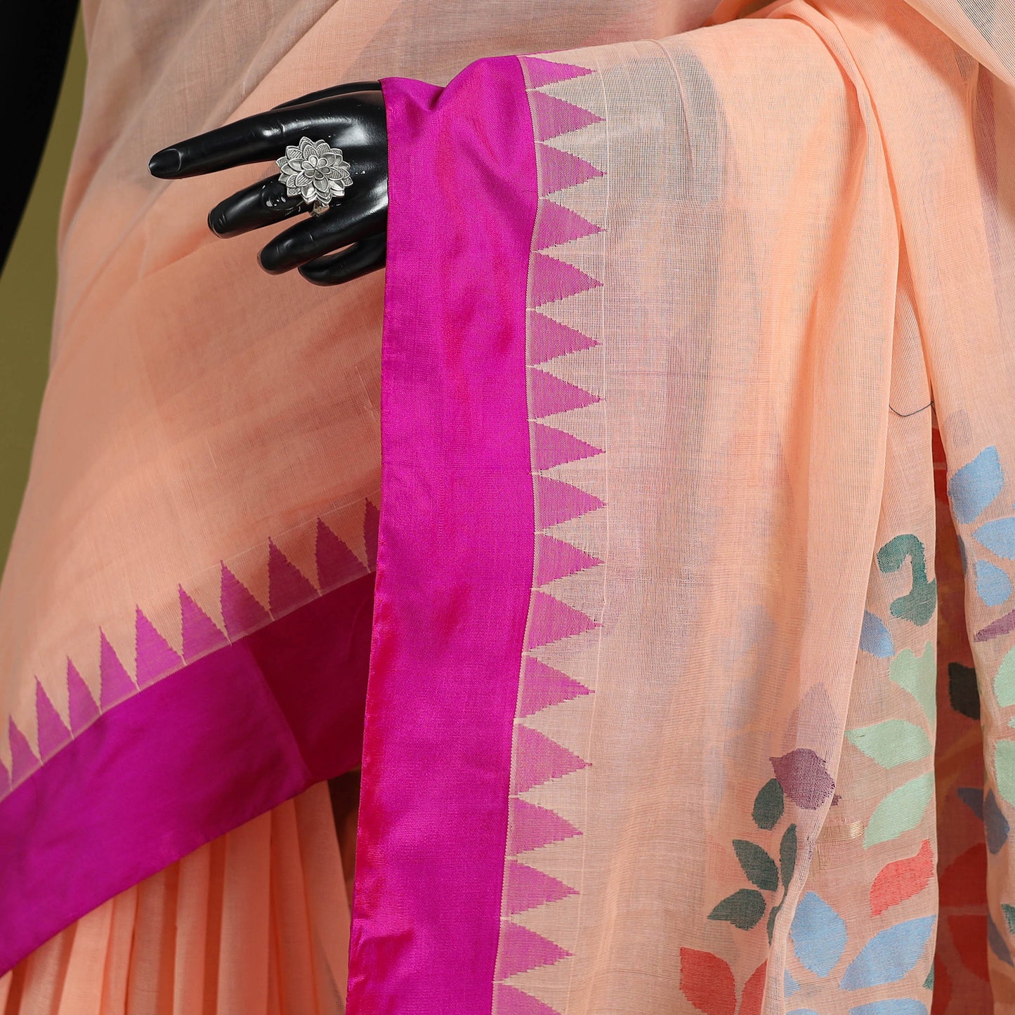 Peach - handspun handloom buta fine cotton jamdani saree 45