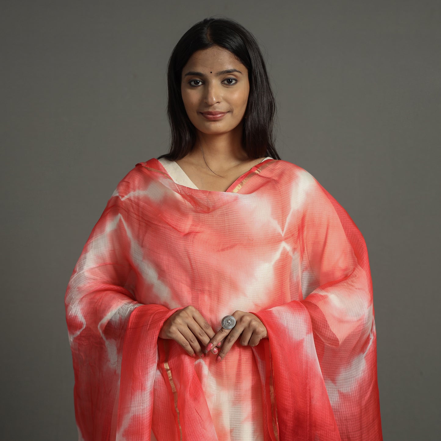 Red - Shibori Tie-Dye Kota Doria Silk Dupatta With Zari Border 01