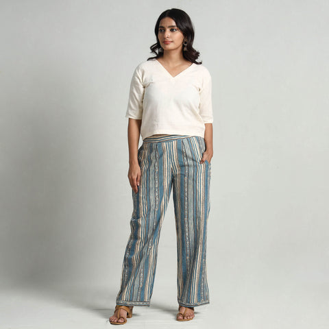 Light Blue - Kalamkari Printed Cotton Elasticated Palazzo