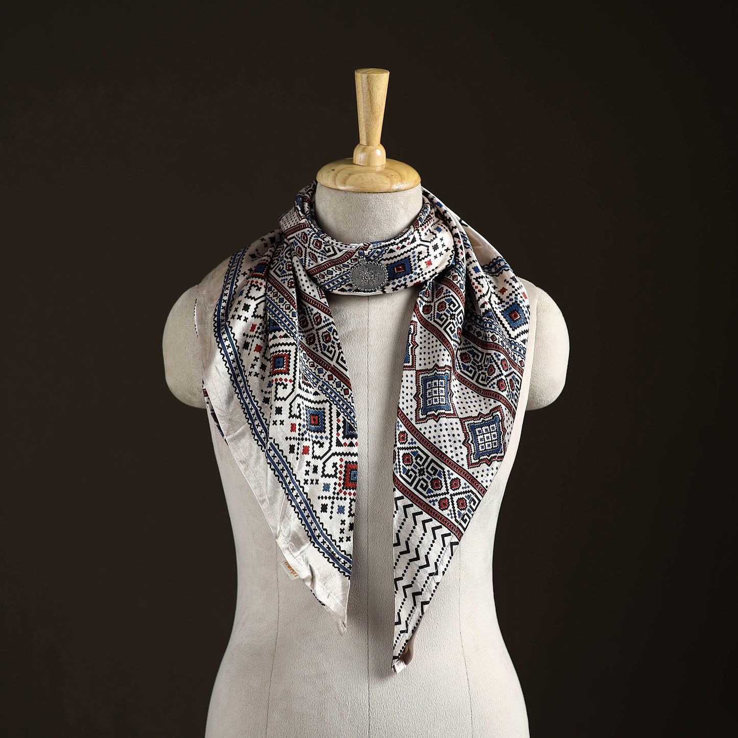 Ajrakh Hand Block Print Natural Dyed Modal Silk Brooch Scarf 20