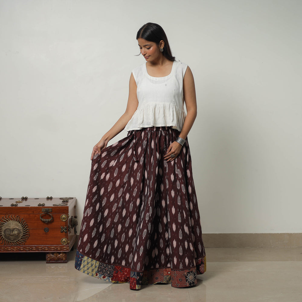 Brown - 24 Kali Cotton Pochampally Ikat Skirt with Border 20