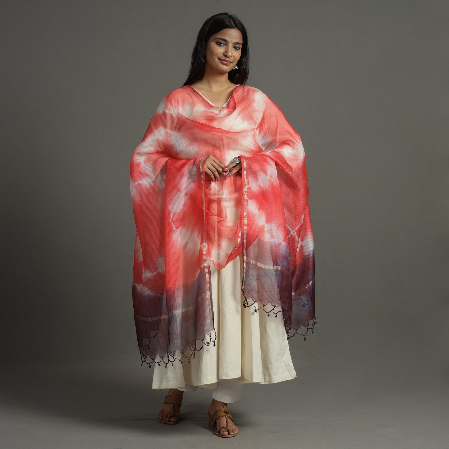 Red - Shibori Tie-Dye Kota Doria Silk Dupatta With Zari Border 02