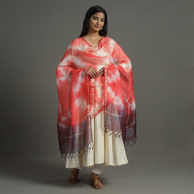 Red - Shibori Tie-Dye Kota Doria Silk Dupatta With Zari Border 02