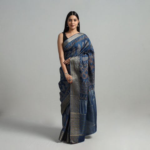 Natural Dyed Hand Block Print Dola Silk Ajrakh Saree 01