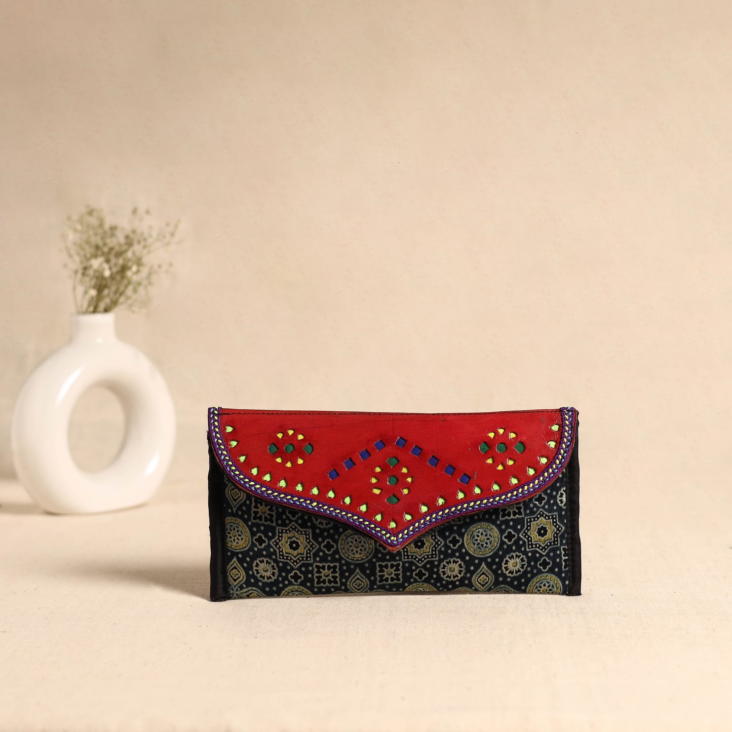 Traditional Kutch Mashru Silk Leather Flap Clutch / Wallet 106