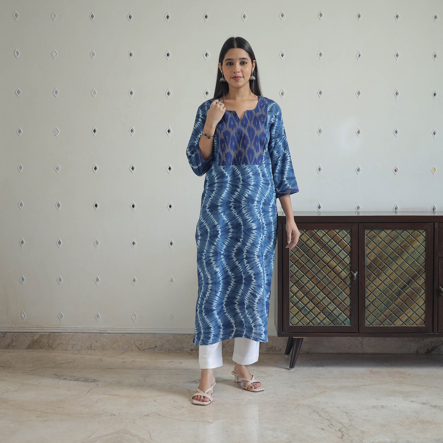 Blue - Patchwork Tie & Dye Cotton Straight Shibori Kurta 08