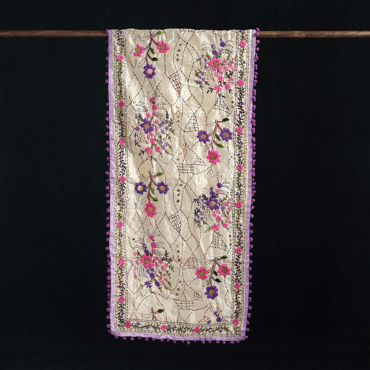 Ranihati Chanderi Silk Hand Embroidered Stole with Pom Pom 214