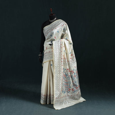 White - Bengal Hand Embroidery Silk Nakshi Kantha Saree 05