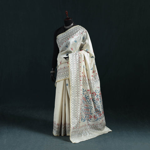 White - Bengal Hand Embroidery Silk Nakshi Kantha Saree 05