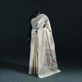 White - Bengal Hand Embroidery Silk Nakshi Kantha Saree 05