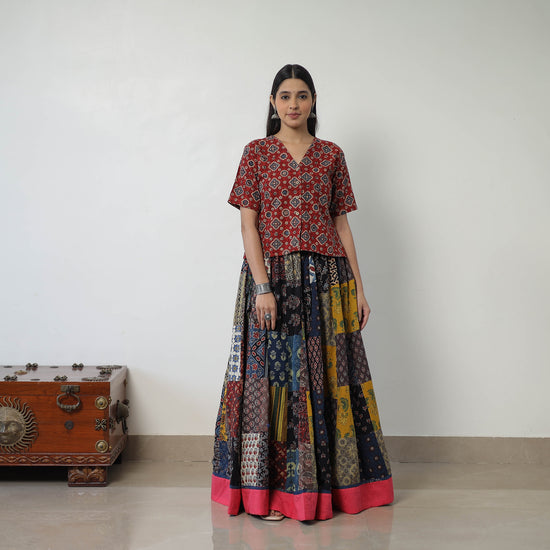 Multicolor - 24 Kali Patchwork Block Printed Cotton Ajrakh Skirt 57