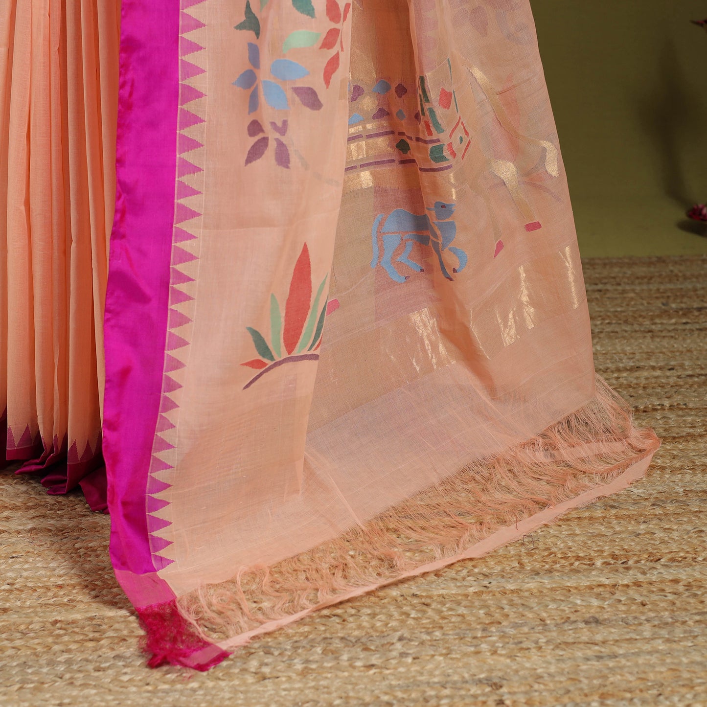 Peach - handspun handloom buta fine cotton jamdani saree 45