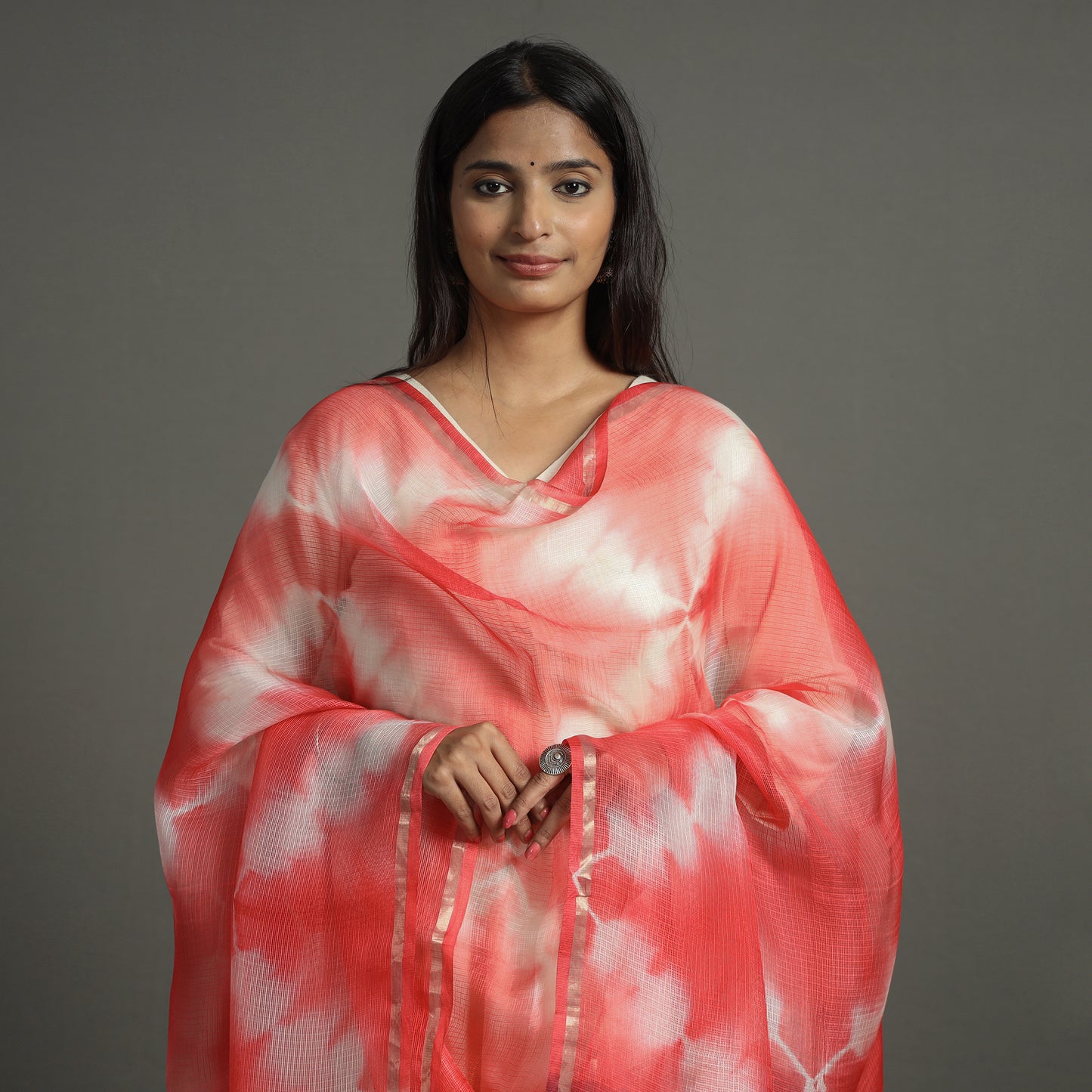 Red - Shibori Tie-Dye Kota Doria Silk Dupatta With Zari Border 02