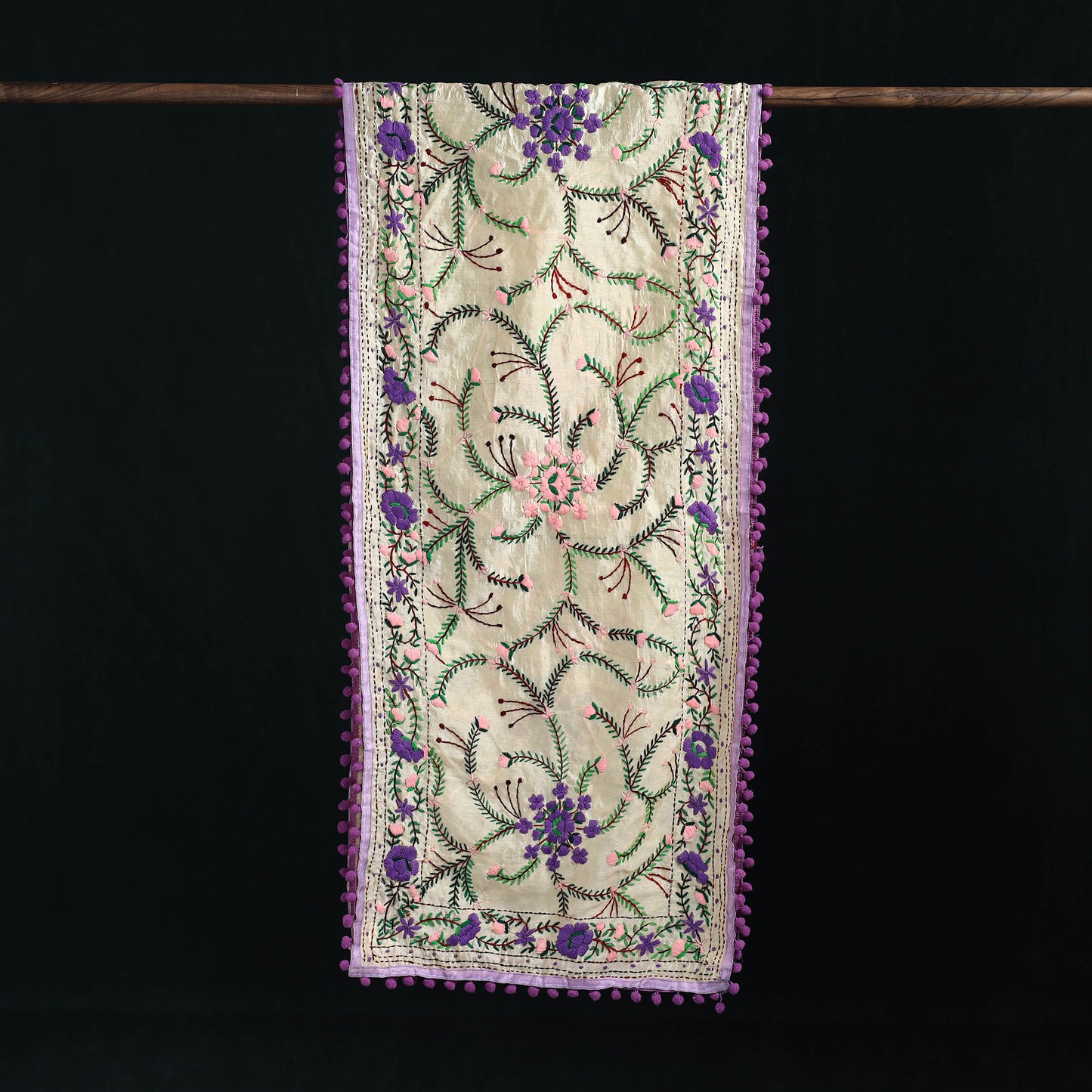 Ranihati Chanderi Silk Hand Embroidered Stole with Pom Pom 213
