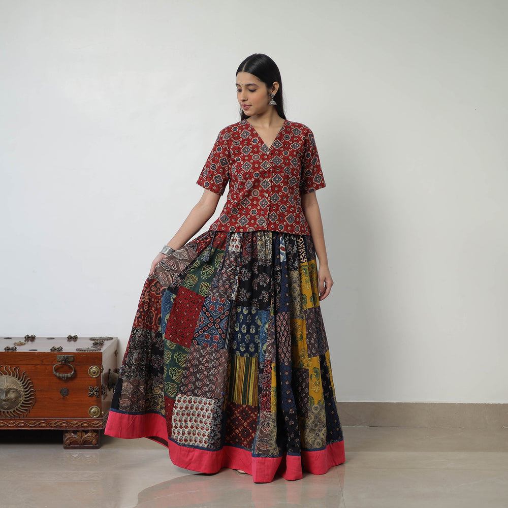 24 Kali Patchwork Block Printed Cotton Ajrakh Skirt 57