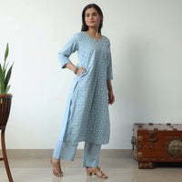 Blue - Applique Cut Work Cotton Kurta with Palazzo & Dupatta Set 08