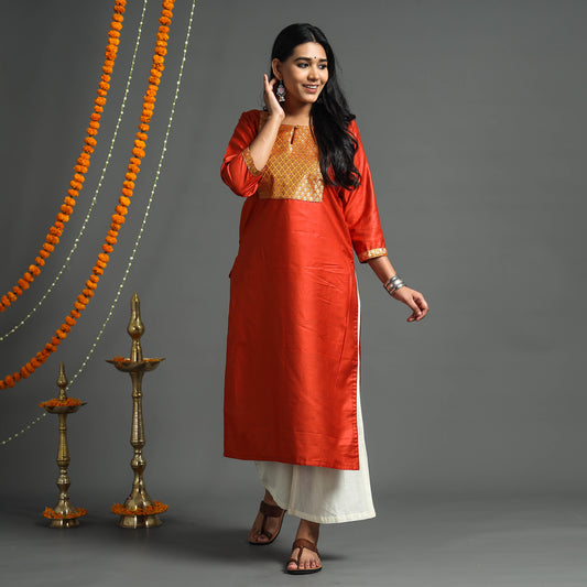 Dark Orange - Plain Tussar Silk Handloom Banarasi Patchwork Straight Kurta