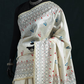 White - Bengal Hand Embroidery Silk Nakshi Kantha Saree 05