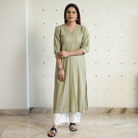 Light olive green - linen viscose plain long straight kurta