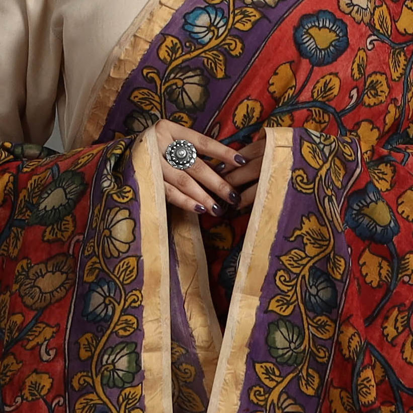 Red - Bangalore Silk Srikalahasti Pen Kalamkari Dupatta 03