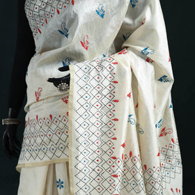 White - Bengal Hand Embroidery Silk Nakshi Kantha Saree 05
