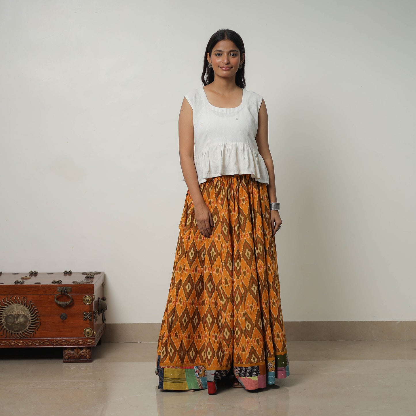 Orange - 24 Kali Cotton Pochampally Ikat Skirt with Border 22